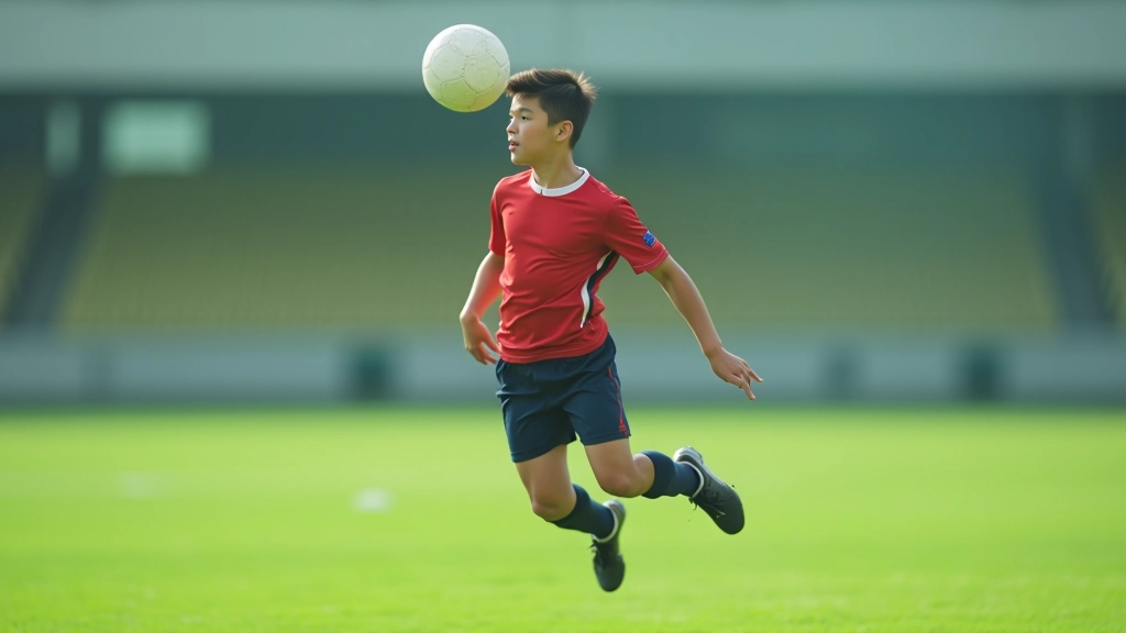 لاعب كرة قدم يرفع رأسه عالياً للقفز وضرب الكرة برأسه في اللعبة